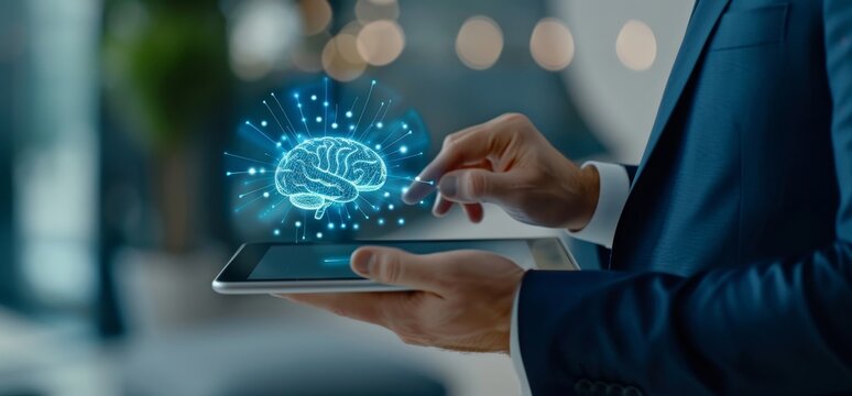 Businessman holding a tablet with an AI icon and a digital brain hologram in his hand