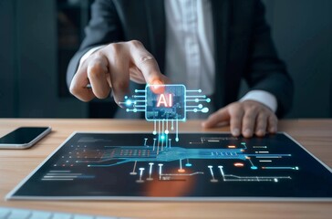 Businessman touching a digital icon of artificial intelligence with his hand on a desk