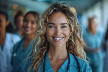 Fototapeta premium Smiling Multiracial Medical Team Walking in Hospital Hallway, Professional High-Quality Stock Photo