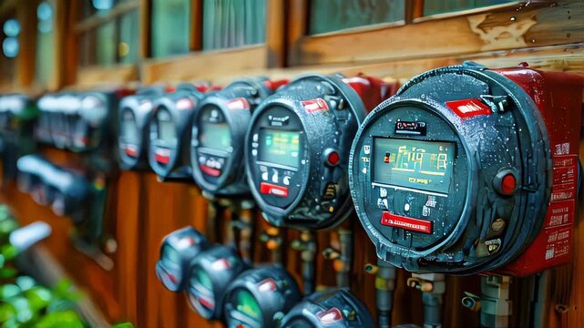 Close-up of digital electric meters lined up outdoors, covered in raindrops