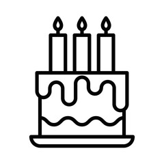 Black outline illustration of a birthday cake with candles. This icon is ideal for celebration, party, and birthday themes. Vector illustration. Editable stroke.