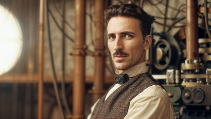 Portrait of Nikola Tesla in vintage lab surrounded by early 19th-century scientific instruments and machinery, evoking genius of renowned inventor and electrical engineer.