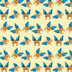 Butterfly with orange veins and antennae on yellow background. Repeating pattern, 3D rendering illustration