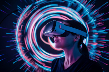 A woman wearing a modern virtual reality (VR) headset. She is positioned against a vibrant backdrop of swirling, glowing lines in hues of blue, pink, and purple. 