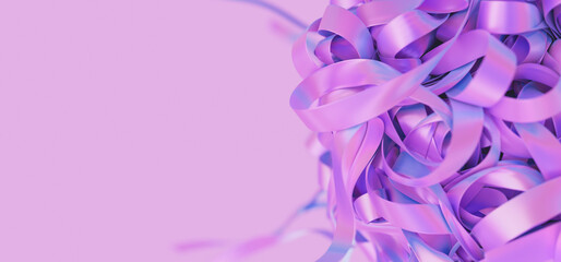 Fototapeta premium Closeup of holographic neon stripes ball. Shiny iridescent threads folds. 3d render illustration