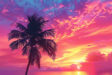 Fototapeta premium A vibrant pink and orange sunset sky with the silhouette of an isolated palm tree, creating a tropical background for travel advertising or vacation