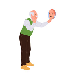 Senior man cartoon character looking at mirror with young boy reflection dreaming about past beauty