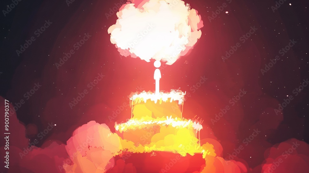 Sticker digital painting of a birthday cake with a lit candle and smoke coming out