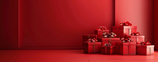 Red background with neatly stacked red gift boxes on the right side