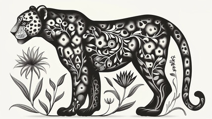 Obraz premium beautiful black and white line drawing of a traditional zodiac leopard