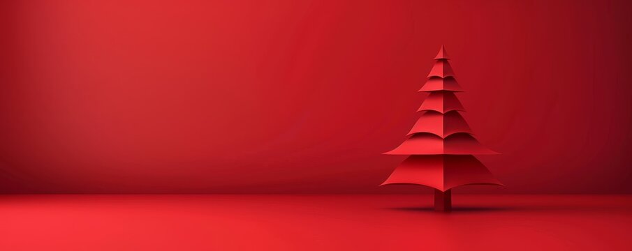 Minimalist red Christmas tree on solid red background with 3D geometric design