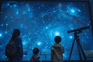 Children observing a digital star map through a telescope in a planetarium with a vibrant night sky full of stars and constellations.