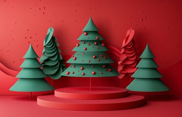 3D green and red Christmas trees on a festive red background