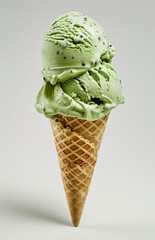 Close-up of two scoops of green ice cream with chocolate chips in a waffle cone, isolated on a gradient background