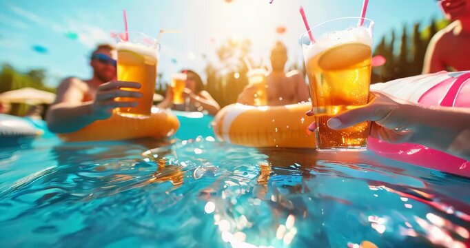 Summer pool party fun: friends with cold beers and cocktails, inflatable pool floats, and bright sunlight