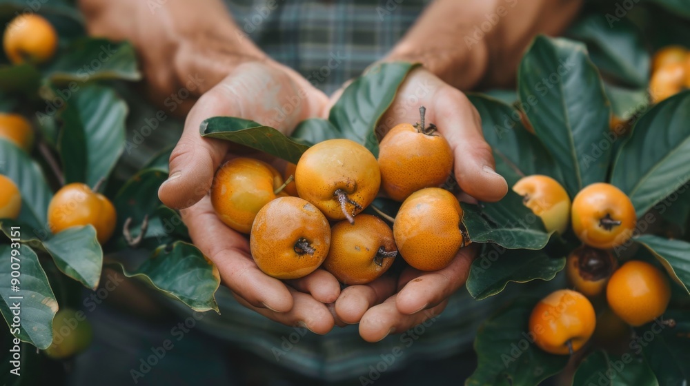 Sticker Freshly Harvested Loquats in Hands