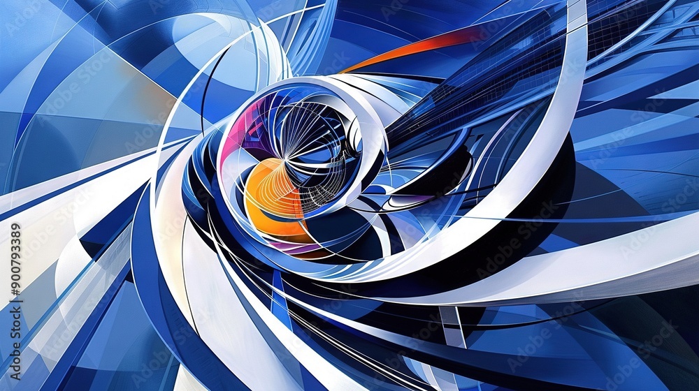 Poster   An abstract canvas featuring vibrant hues of blue, white, orange, and black in a swirling pattern surrounding a central circle