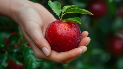 Hand Holding Fresh Dewy Red Apple