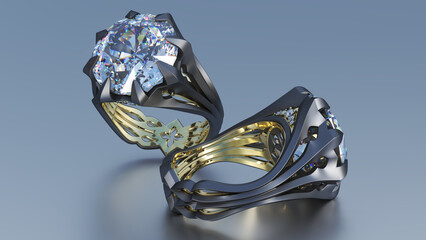 Blackening gold gothic diamond ring. 3d illustration on gray background