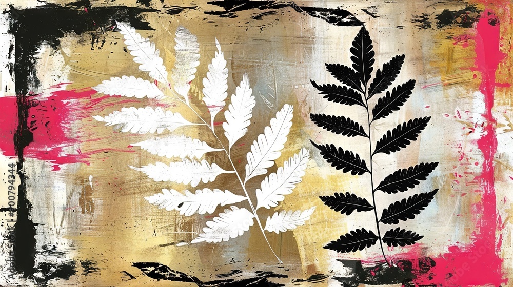 Poster   A monochromatic depiction of a plant against a gradient background in gold and pink, featuring a single black and white foliage on the left