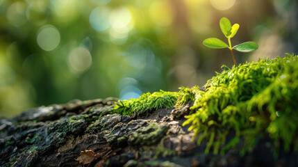 Sprout Emerging from Mossy Tree Bark. For environmental campaigns, botanical studies, and inspirational projects.