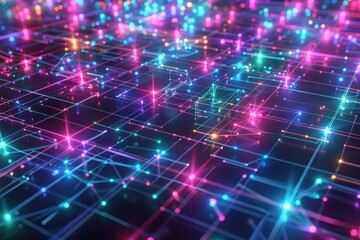 Obraz premium A 3D holographic grid, with intersecting lines and nodes glowing in different colors.