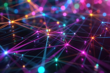 Obraz premium A 3D holographic grid, with intersecting lines and nodes glowing in different colors.