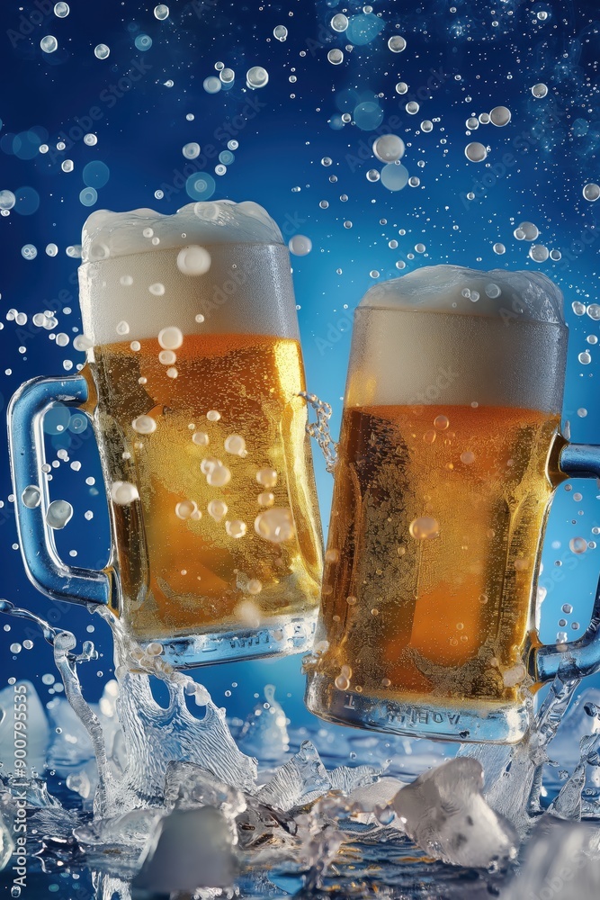 Poster two beer glasses with ice and water splash on blue background