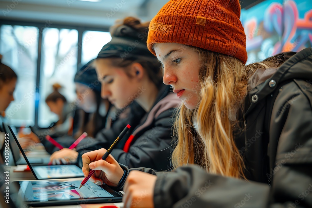Poster Focused students working on digital tablets in a classroom setting, engaging in interactive learning and collaboration.