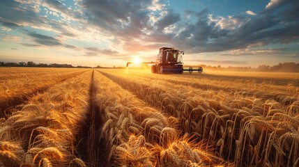 Fototapeta premium Combine Harvester in Wheat Field at Sunset