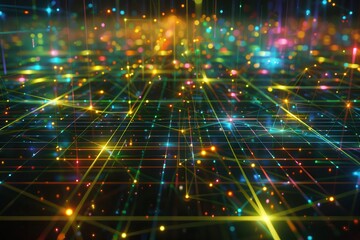 Obraz premium A 3D holographic grid, with intersecting lines and nodes glowing in different colors.