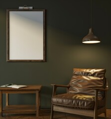 Cozy Living Room with Leather Armchair and Wooden Table