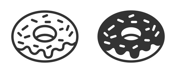 Donut icons with icing and sprinkles in outline and silhouette styles. Ideal for bakery, dessert, and food themes. Vector illustration.