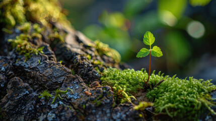 Sprout Emerging from Mossy Tree Bark. For environmental campaigns, botanical studies, and inspirational projects.