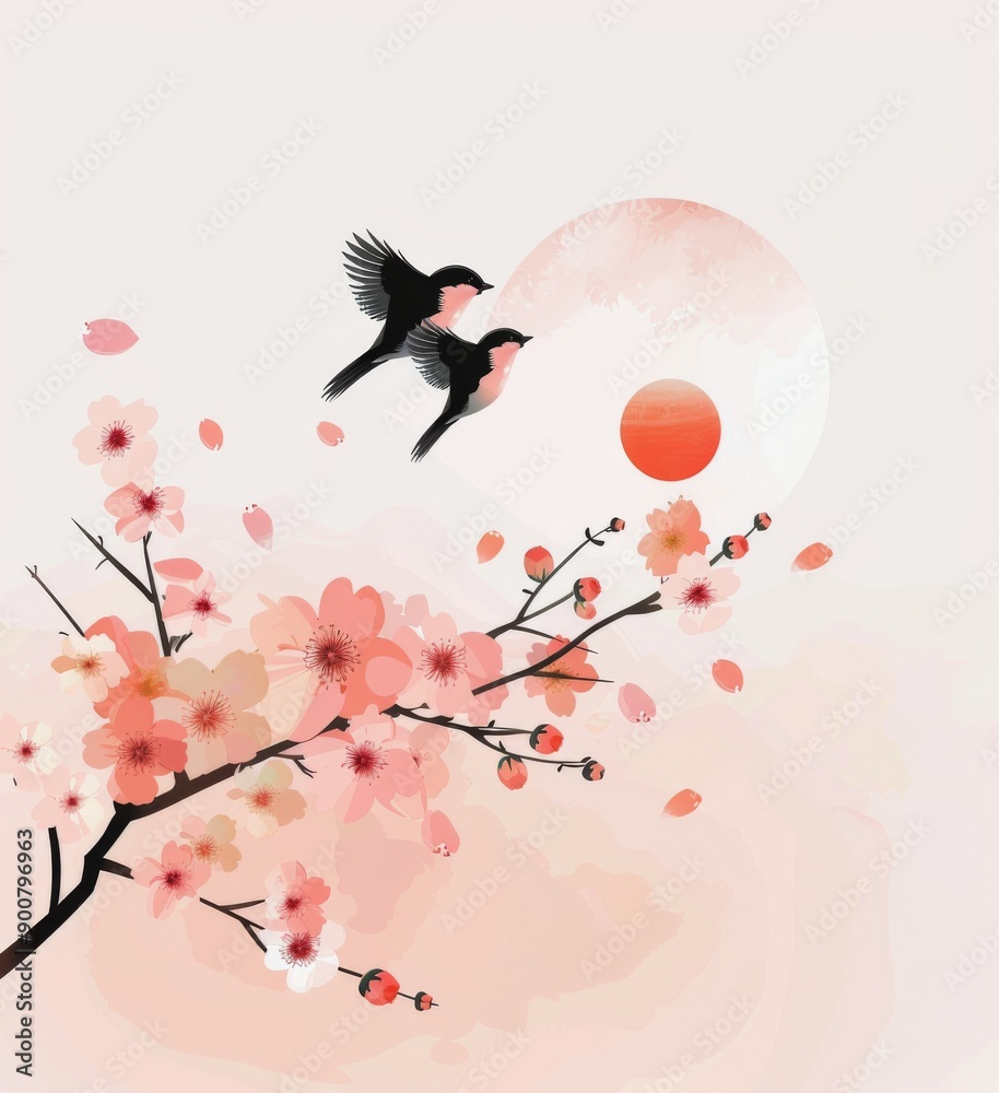 Canvas Prints Two Birds on a Branch With Blossoms