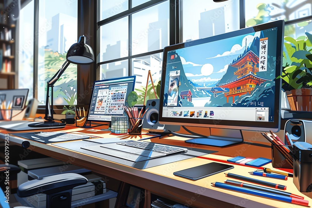 Poster modern graphic designer workspace with computer screens, tools, and natural light from large windows