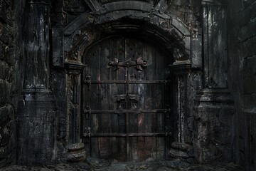 Explore the atmospheric and foreboding entrance to the mystical ancient dungeon with rusted iron bars. Weathered stone architecture. And a heavy wooden door