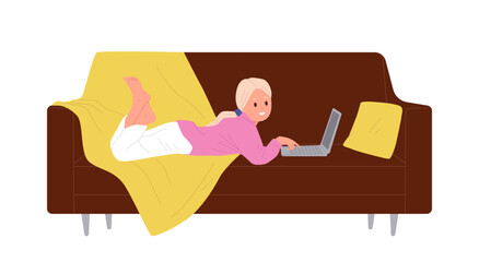 Cute lazy girl child cartoon character browsing internet, watching video on laptop lying on sofa