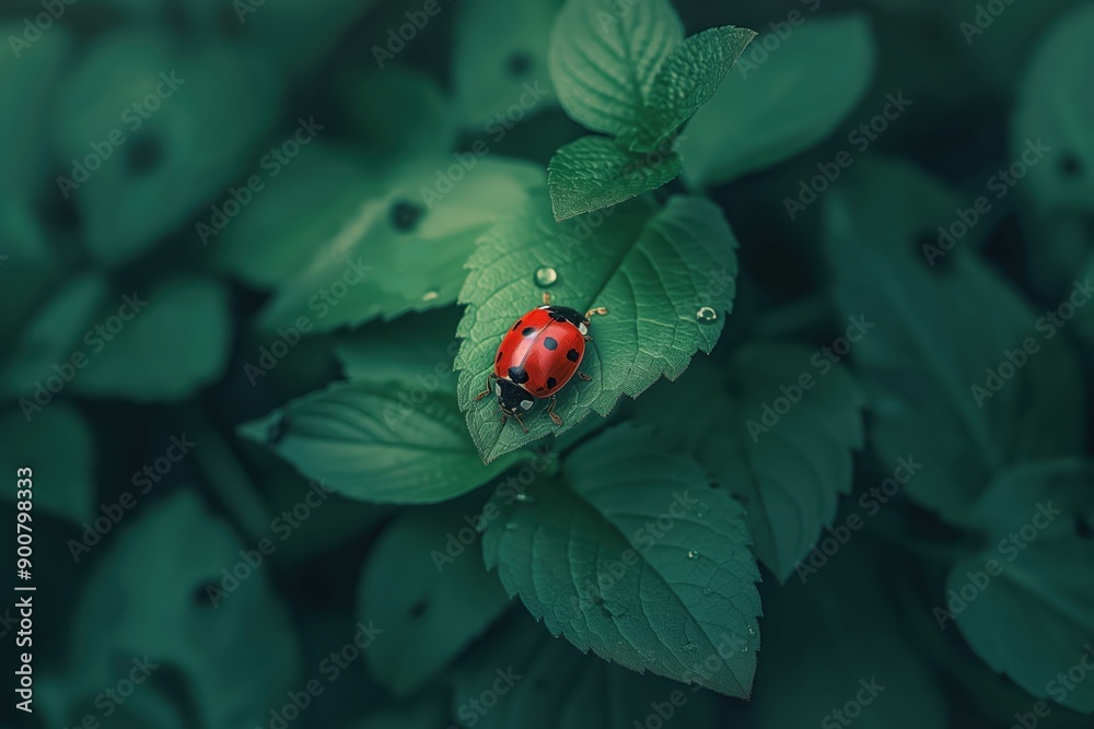 Poster ladybug on green leaves