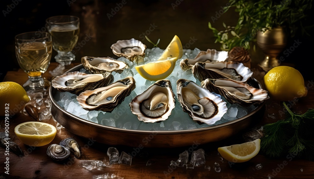 Wall mural fresh oysters on a plate