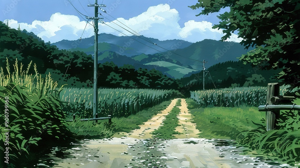 Sticker   A painting portrays a dirt street amidst a field, featuring a distant telephone pole and towering mountains in the backdrop