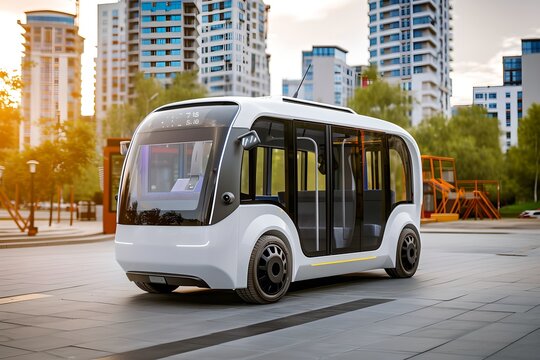 Autonomous electric shuttle bus with city street background. Public transportation and eco-friendly urban transport. Smart city concept. Banner, poster, advertisement 