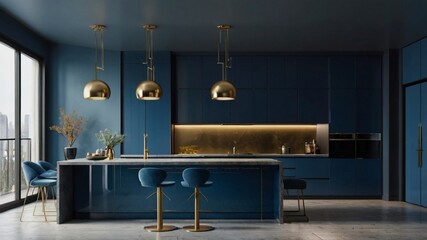 Banner featuring a minimalist background with seamless blue tones, showcasing an empty modern kitchen design adorned with elegant gold elements for a touch of sophistication