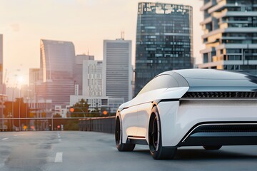 White electric car with city skyline in the background. Futuristic automobile and eco-friendly technology. Sustainable transportation concept. Banner, advertisement with copy space