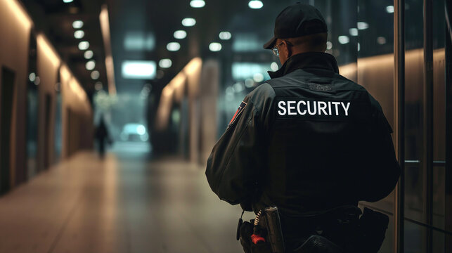 Security guard in black uniform stands alert in a bustling shopping mall - Powered by Adobe