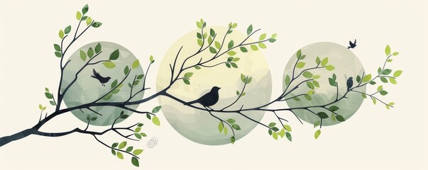 graphic design of tree branches with birds and green leaves on a light background