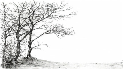 Fototapeta premium A monochrome image of a tree on top of a hill amidst snow-covered terrain and a cloudless white sky
