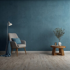 blue cement wall serves as a backdrop, complemented by minimalist furniture in a photo studio featuring a simple and modern design. The clean lines and uncluttered space create a serene atmosphere