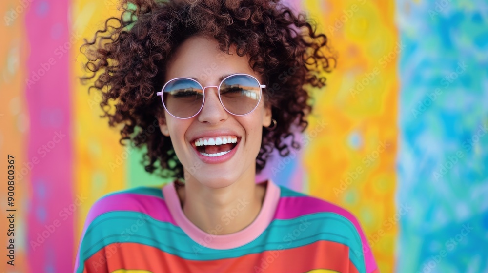 Wall mural Woman Smiling In Front Of Colorful Wall