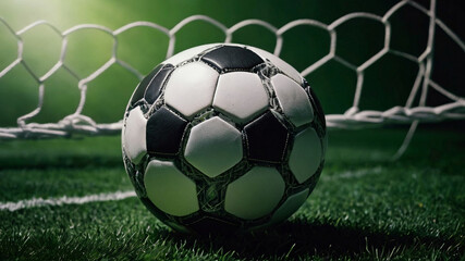 Banner of a minimalist, high-definition quality soccer ball resting in the net, set against a vibrant green background, capturing the essence of the game in a clean and striking visual style